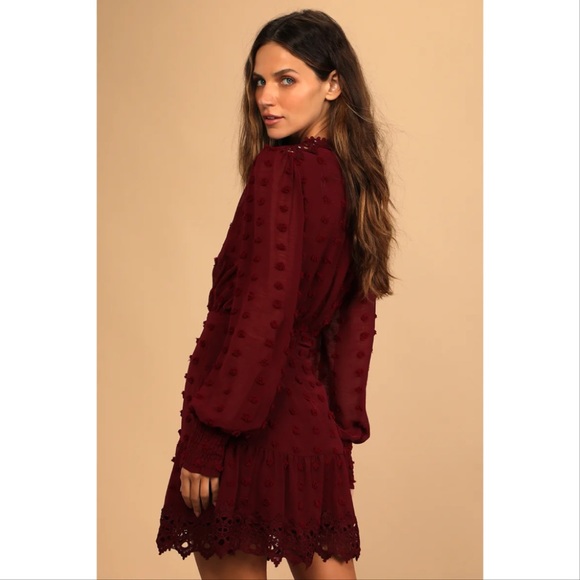 NWT Lust or Love Wine Red Embroidered Lace Long Sleeve Dress Medium - Picture 2 of 12